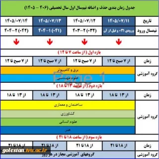 جدول زمانبندی حذف اضافه نیمسال اول سال تحصیلی (1406-1405)